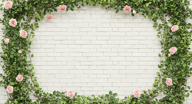 A whitewashed brick wall beautifully framed by lush greenery and delicate pink roses creates a visually appealing backdrop. - Powered by Adobe