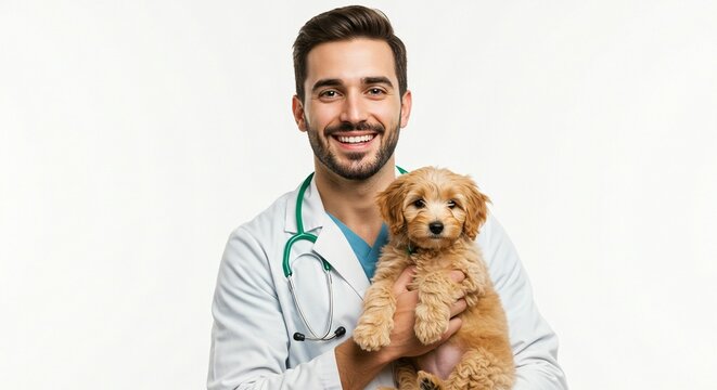 Compassionate vet holds a fluffy puppy, showcasing a caring and professional image in a clean studio setting.