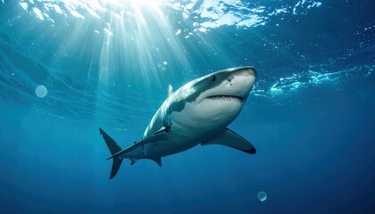 A great white shark swims in sunlit blue ocean depths
