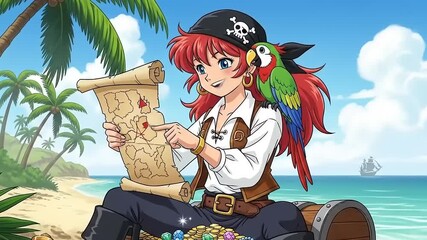 A spirited pirate girl with a parrot examines a treasure map on a sunny beach, with palm trees and a ship