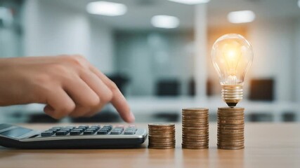 Office hand using calculator, coins, idea lightbulb, blurred background; financial planning