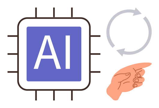 AI chip with bold AI text, hand indicating action, circular arrows symbolizing process flow. Ideal for innovation, technology, AI, automation, efficiency, machine learning digital transformation - Powered by Adobe