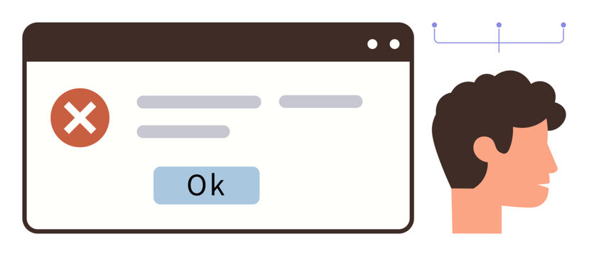 Error message popup with button, user profile in side view, tech interface elements. Ideal for technology, problem-solving, user error, software design, communication, decision-making digital