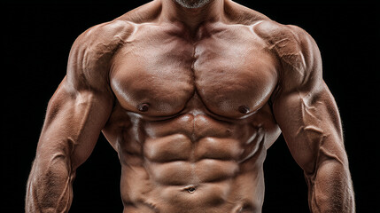 Fototapeta premium Close up of a muscular man's torso with defined abs and chest muscles