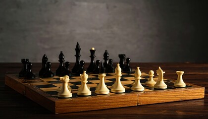 Chess pieces arranged on a wooden board against a textured gray backdrop
