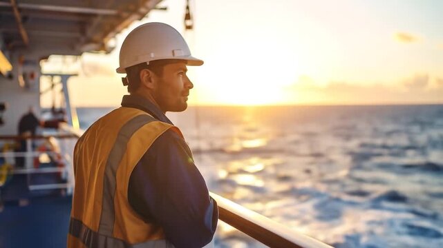 Maritime worker in hard hat watching sunrise over sea with ship deck.