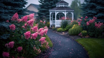 Obraz premium Pink hydrangeas line a paved walkway to a gazebo.