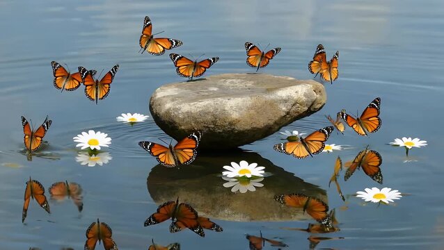 cinematic 4K seamless loop video showing a butterfly gently flying over balanced stones tranquil water symbolizing chaos theory harmony zen balance meditation mindfulness spiritual calmness a natural