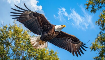 Fototapeta premium A majestic bald eagle soars against a vibrant blue sky, its wings fully spread above lush green trees