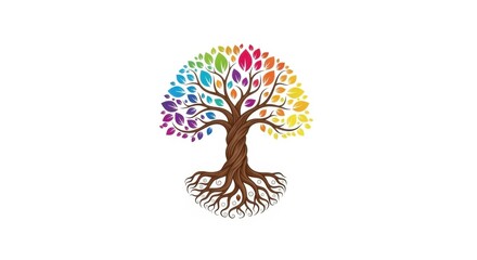 Naklejka premium Colorful Tree with Rainbow Leaves and Exposed Roots on White Background