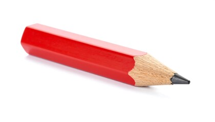 A vibrant red pencil with a graphite core lies on a white background.