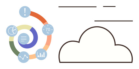 Circular infographic with charts, analytics icons, and percentage alongside outlined cloud. Ideal for data representation, cloud storage, analysis, technology, stats business education. Simple flat
