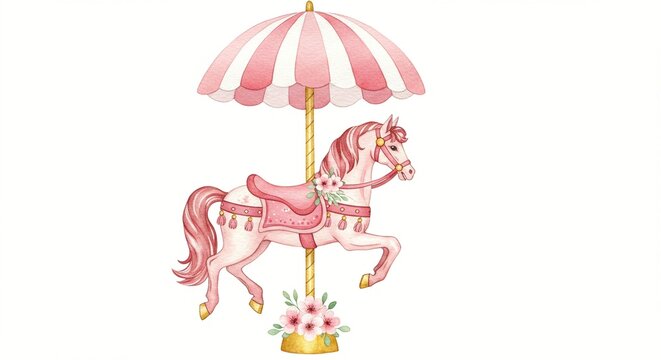 Watercolor rendering of a pink and white carousel horse with a striped canopy and flower accents, evoking whimsical charm.