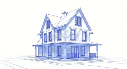 Fototapeta premium Architectural blueprint of a two-story house, showcasing a classic design with dormers and a front porch detail.