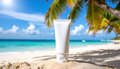 White sunscreen tube on a sunny beach with palm trees and turquoise water