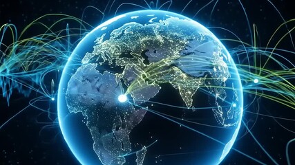 A vibrant digital globe showcasing global connectivity with illuminated continents and data streams - Powered by Adobe