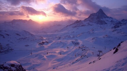Fototapeta premium Stunning Sunset Over Snow-Covered Mountains With Ski Lifts in the Foreground at a Winter Resort