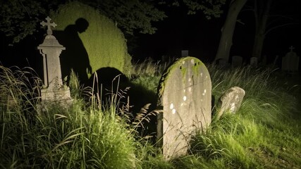 Scary angel of death haunted graveyard concept. A shadowy figure looms over weathered gravestones in a dark, eerie cemetery.