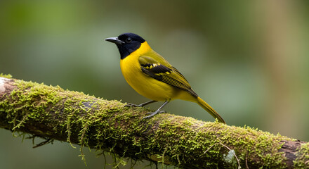 Vibrant avian perched on a mossy branch, a symphony of nature's artistry displaying a harmonious blend of black, olive, and yellow plumage against a verdant backdrop showcasing natural grace