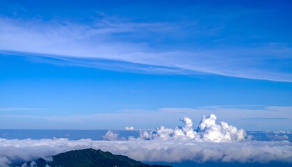 Fototapeta premium A vast expanse of a vibrant blue sky, dotted with fluffy white clouds, stretches above a sea of clouds, showcasing a majestic vista.