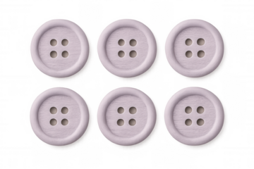 Sewing wooden buttons arranged symmetrically, purple and lilac tones, transparent backdrop highlighting intricate craft details