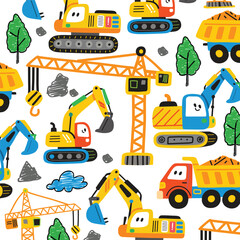 Seamless Pattern of Cartoon Construction Vehicles, Cute Excavator and Crane Vector.eps