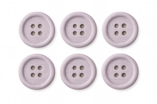 Sewing wooden buttons arranged symmetrically, purple and lilac tones, transparent backdrop highlighting intricate craft details