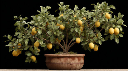 Lemon tree growing in a pot with many lemons against a black background