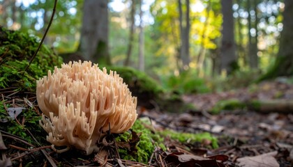 Close-up of a delicate, coral-like mushroom on a mossy forest floor with blurred trees in the background