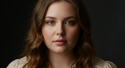 Fototapeta premium A beautiful woman with hazel eyes and light brown hair looking directly at the camera against a dark background.