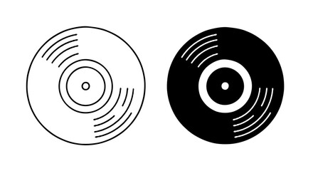 Single vector icon of a vinyl record or music disc | Includes a thin line art version next to a matching silhouette version. Minimal, clean, monochrome, isolated on white background, flat vector style