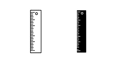 Single vector icon of a measuring ruler |  Includes a thin line art version next to a matching silhouette version. Minimal, clean, monochrome, isolated on white background, flat vector style
