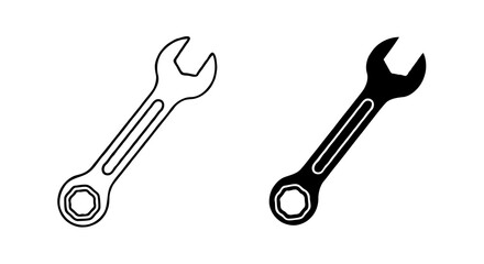 Single vector icon of a wrench tool | Includes a thin line art version next to a matching silhouette version. Minimal, clean, monochrome, isolated on white background, flat vector style