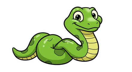 A cute cartoon green snake with big eyes and a friendly smile, coiled up.
