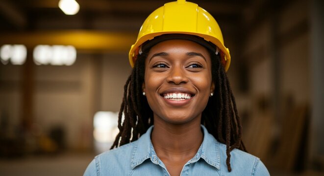 Smiling construction worker with yellow hardhat. Shows a positive and confident attitude in a workplace setting.