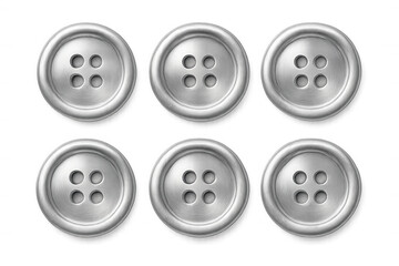 Six brushed metal buttons with four holes on a transparent background, creating a simple yet elegant design