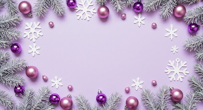 Festive frame of snow-dusted evergreen branches, pink ornaments, and paper snowflakes on a pastel purple background.