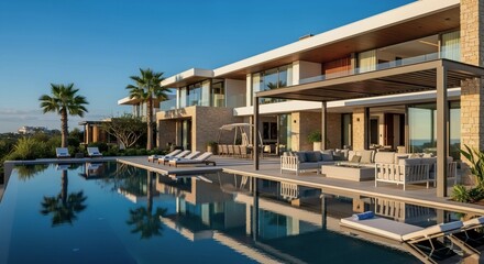 Fototapeta premium A modern luxury villa with an infinity pool and outdoor lounge area during a sunny day in a tropical location