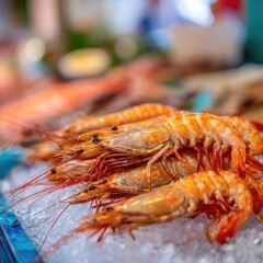 Fresh prawns displayed at a seafood market stall. --