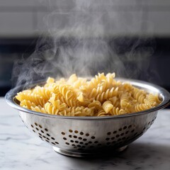 Freshly boiled pasta 4102 steaming in a metal colander -