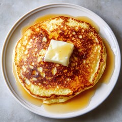 Golden-brown pancake 103 on a white plate with a pat of melting butter --