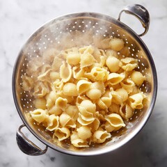 Freshly boiled pasta 4102 steaming in a metal colander --