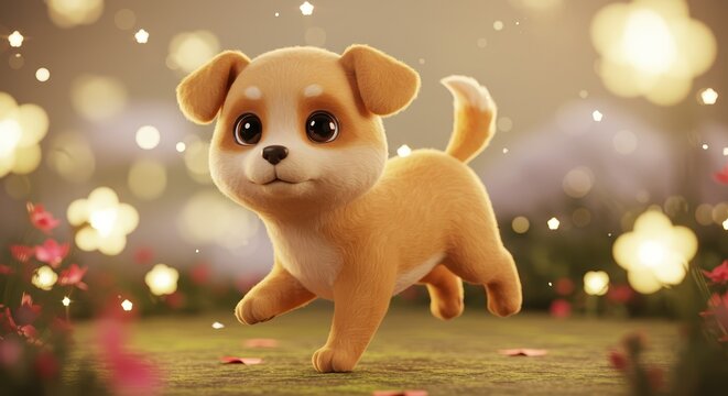 Cute Animated Puppy Running in a Magical Garden with Soft Glowing Lights and Flowers, Adorable Cartoon Dog Illustration for Kids and Pet Lovers