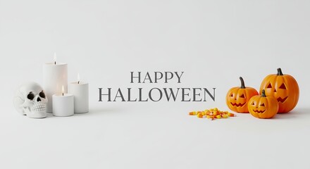 A simple happy halloween display with pumpkins candles skull and candy on a white background space