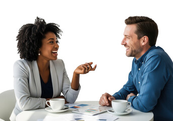 Two business people are having a conversation at a table with coffee cups isolated on transparent background