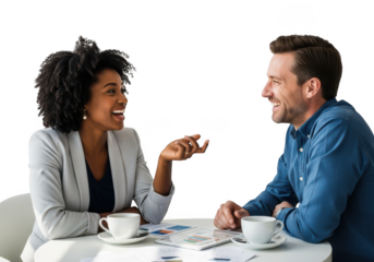 Two business people are having a conversation at a table with coffee cups isolated on transparent background