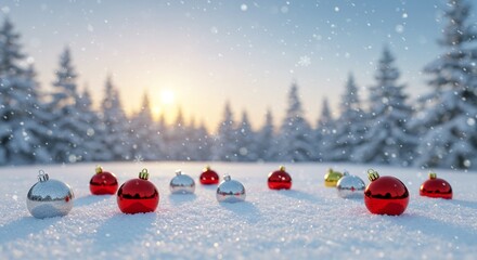 Festive Christmas ornaments scattered on snow-covered ground with winter forest and snowfall creating a magical holiday scene.