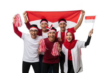 Enthusiastic indonesian supporters celebrate national pride with flags pompoms isolated on transparent background