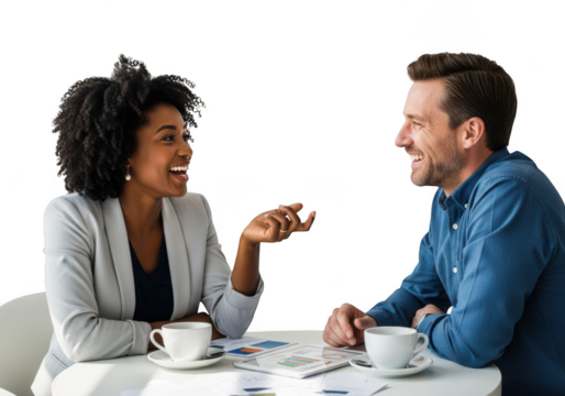 Two business people are having a conversation at a table with coffee cups isolated on transparent background - Powered by Adobe
