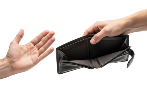 An empty black wallet is held out in a hand, with another hand reaching for it isolated on transparent background